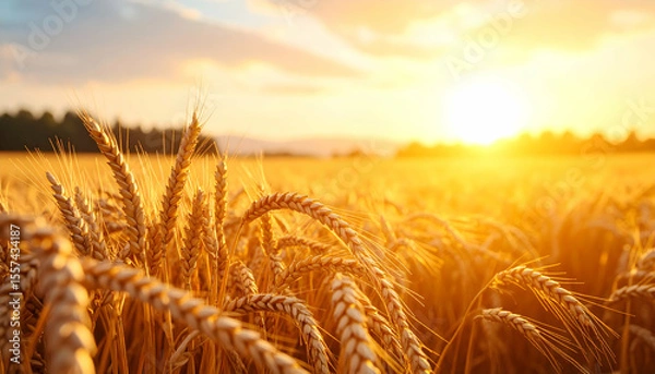 Fototapeta Golden wheat field against sunset sky with soft light and shadows