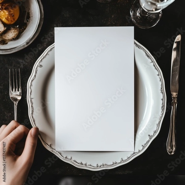 Fototapeta Hand Holding Blank Menu in Luxury Restaurant: Customizable Mockup.Placeholder Menu.