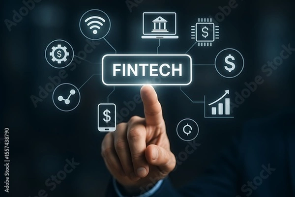 Fototapeta The image depicts a digital illustration representing a person's interaction with financial technology, showcasing the future of banking. The sleek.