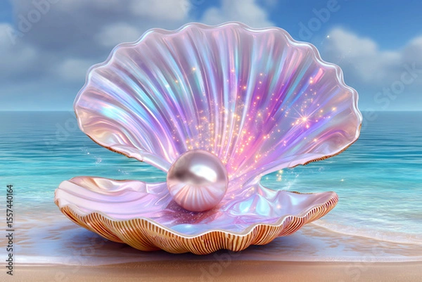 Fototapeta Iridescent Pearl in Scallop Shell Underwater – Dreamy 3D Render
