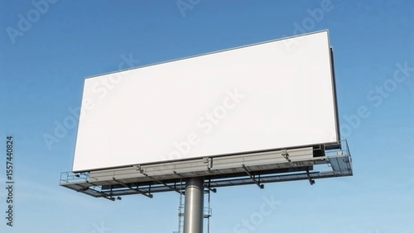 Fototapeta White billboard sign, 3D realistic advertisement with blank space. Blank white banner mockup on a big billboard. Empty bill board mock up isolated on gradient blue sky. Large outdoor billboard screen.