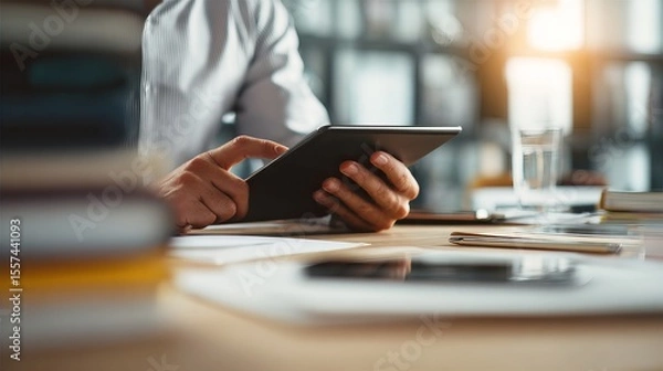 Obraz A person in a business setting using a digital tablet, surrounded by documents, with soft natural light in the background.