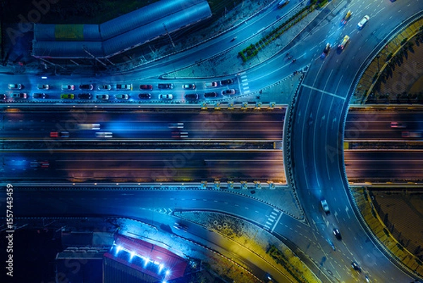 Fototapeta Expressway, Self-driving autonomous electric cars of the future with elements move along a busy traffic intersection. Artificial Intelligence, Car Scan, GPS Tracking, Smart Roads, IoT, highway