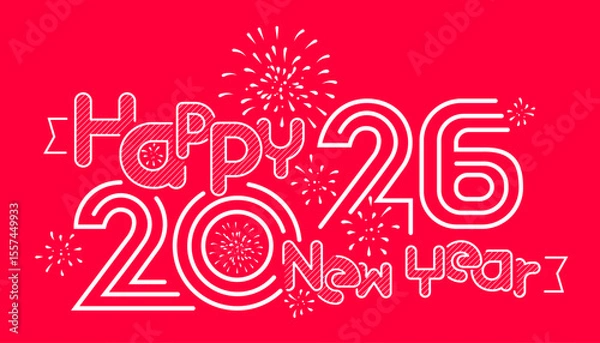 Fototapeta Happy New Year 2026 with typography design and fireworks background.
