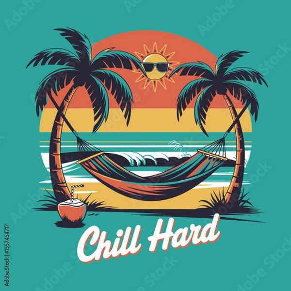 Fototapeta Relaxing tropical beach scene with a hammock strung between two palm trees a cool sun wearing sunglasses and a refreshing coconut drink perfect for summer vacation vibes