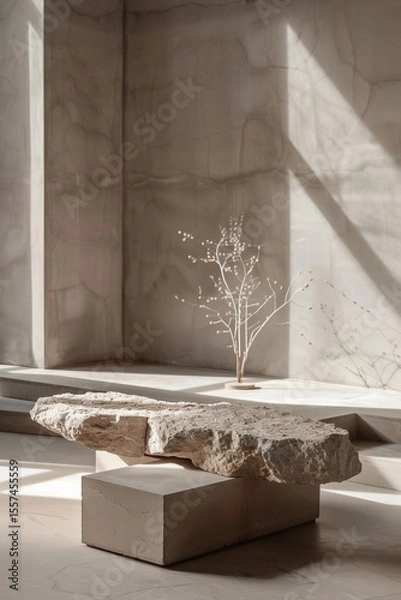 Fototapeta Soft lighting cascades over a minimalist stone display stage, where delicate textures and shadows interplay