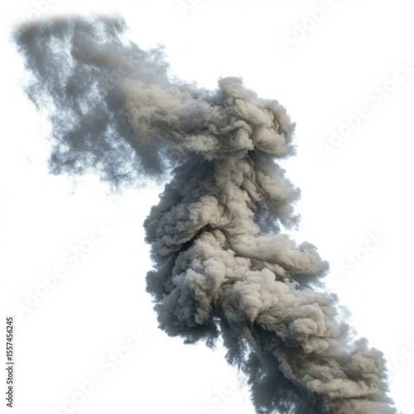 Obraz Dense gray smoke plume rising against a white background High resolution image of a large billowing smoke cloud