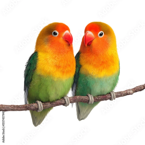 Obraz Vibrant Lovebirds Perched on Branch Colorful Parrot Pair CloseUp on transparent Background