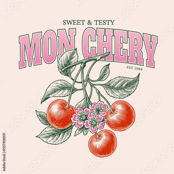 Obraz Vintage line drawing and doted cherry illustration. cherry vector graphics. trandy fashion graphics. women's t shirt food print design. collage typograpy font this art.