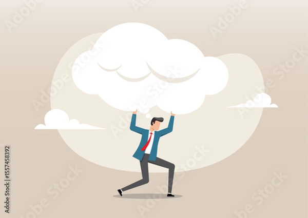Fototapeta A businessman burdened as he struggles to carry a large,  white cloud