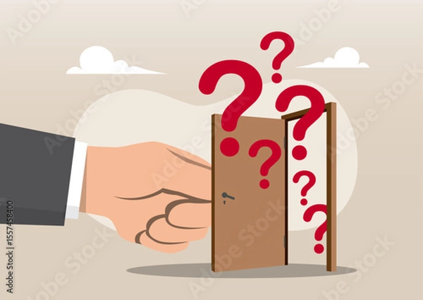 Fototapeta A large hand opening a door from which multiple large red question marks flowing out