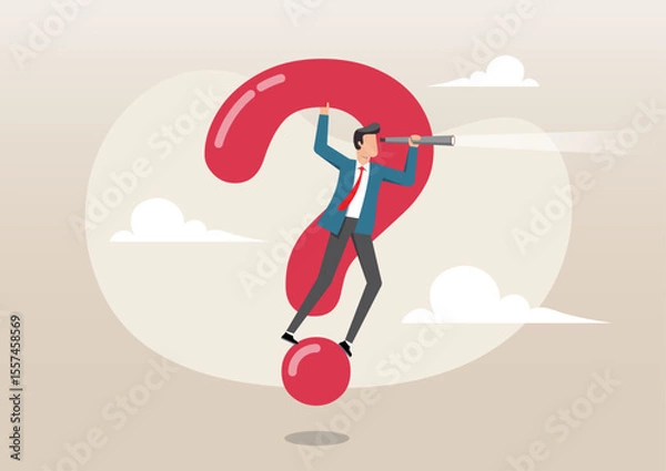 Fototapeta A businessman in a suit standing and balancing atop a large, red question mark