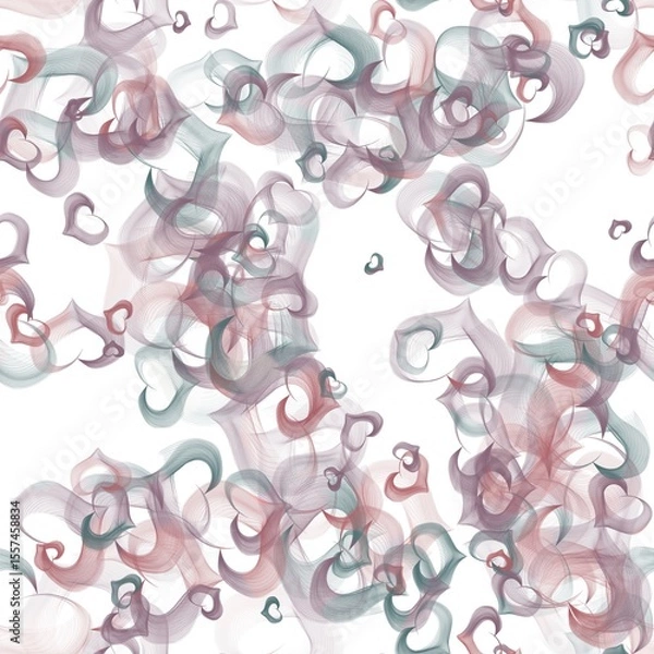 Fototapeta Flying hearts abstract background. Veil texture. Dusky purple, pinkish brown and shuttle grey colors on the white background. Seamless hand drawn pattern