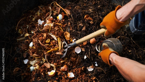 Fototapeta Hands with orange gloves using a garden fork to turn compost in a dark bin filled with organic materials, showcasing sustainable waste management practices and eco-friendly gardening