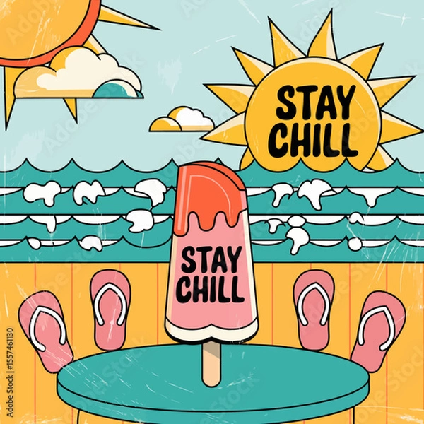 Fototapeta Enjoy a refreshing popsicle and flip flops on a sunny day at the beach with the message stay chill