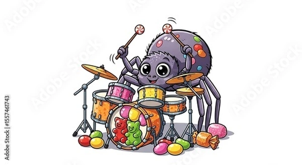 Fototapeta Cartoon spider playing drums with candy decorations and lollipop drumsticks on a white background