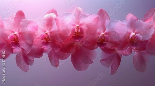 Obraz Delicate pink orchids arranged in a row with soft lighting and a gentle reflection below.