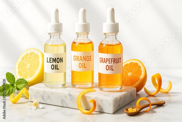 Obraz Citrus Essential Oils Trio: Lemon, Orange & Grapefruit