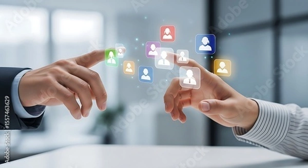 Fototapeta Business professionals reaching out to touch virtual profiles in a digital networking and social media connections concept.