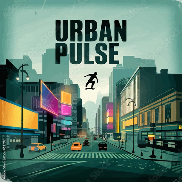 Fototapeta Dynamic urban cityscape with a silhouetted skateboarder performing a jump over a busy street filled with cars and illuminated by neon signs and city lights