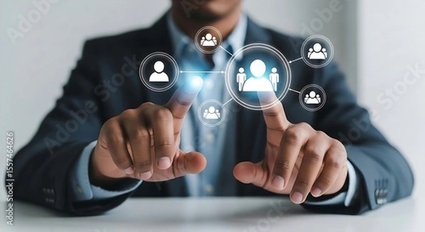 Fototapeta Business professional touching digital network icon, representing human resources and technology interface