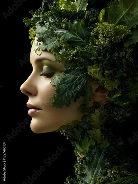 Fototapeta Woman's face merged with leafy greens in dark artistic profile portrait, concept of nature and beauty.
