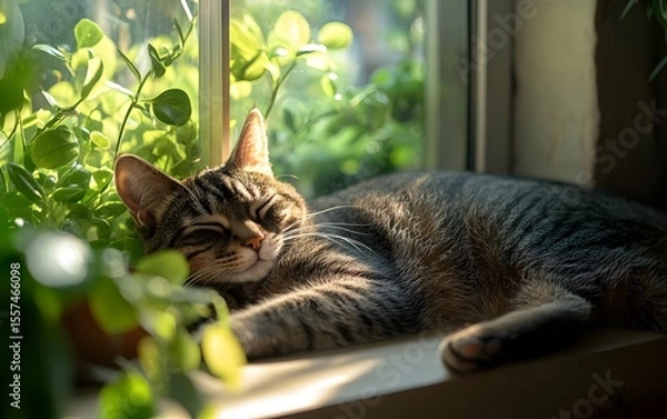 Fototapeta A lazy cat curls up on a windowsill bathed in soft sunlight, its fur glowing gently in the light and shadow