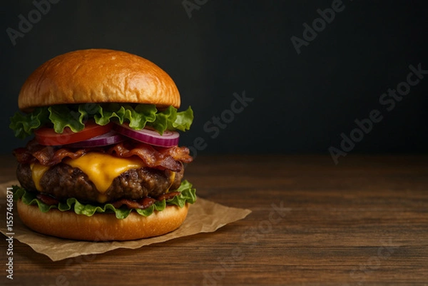 Fototapeta Premium Bacon Cheeseburger with Fresh Veggies on Brioche Bun