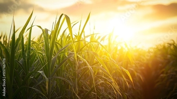 Fototapeta In the sugarcane field, the sugarcane stands tall and lush