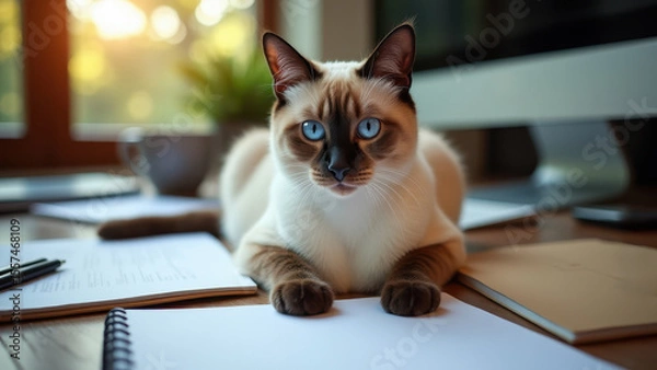 Obraz Cat blocking workspace while owner works remotely