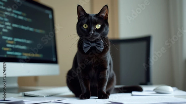 Obraz Cat blocking workspace while owner works remotely