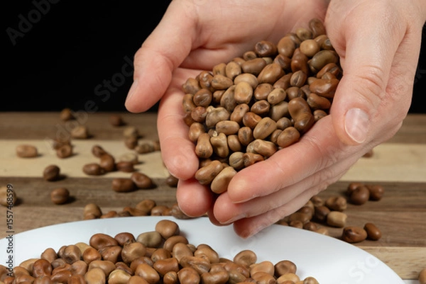 Fototapeta Handful of raw uncooked vicia faba beans close-up