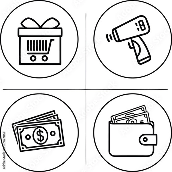 Obraz "Set of Modern Finance and Shopping Icons Including Money, Wallet, Barcode and Gift Box"