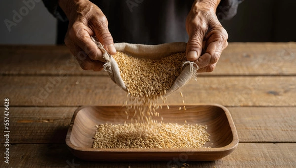 Fototapeta Hands of an elderly person pouring grains from a fabric pouch into a wooden bowl, showcasing the traditional process of ingathering and preparing food ingredients