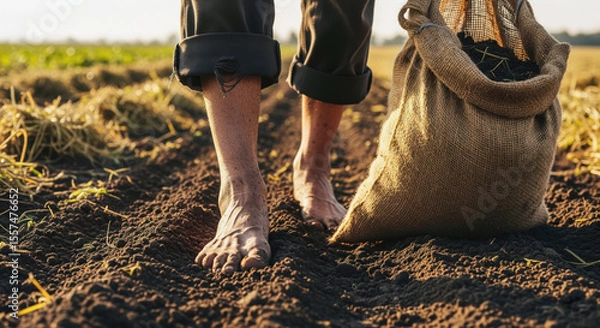 Fototapeta Barefoot individual walking through freshly tilled soil in a field, carrying a burlap sack filled with harvested crops, showcasing the connection to nature and agricultural practices