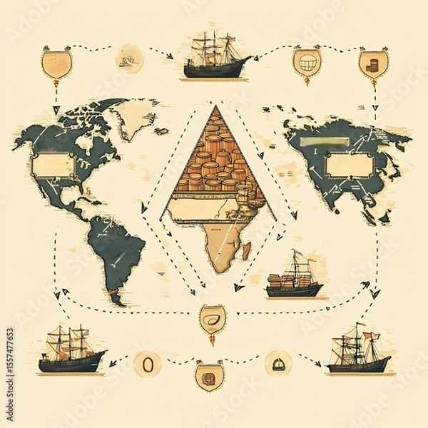 Fototapeta Animated trade triangle between Europe Africa Americas with arrows and commodity icons Mercantilism and Colonial Trade infographic animation triangular commerce paths digital art