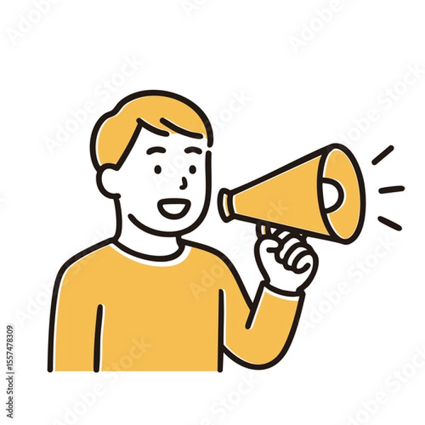 Fototapeta Man calling through megaphone, minimal line art illustration