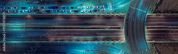 Fototapeta Expressway, Self-driving autonomous electric cars of the future with elements move along a busy traffic intersection. Artificial Intelligence, Car Scan, GPS Tracking, Smart Roads, IoT, highway