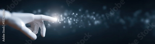 Fototapeta Robotic hand reaching out with glowing particles in dark background, symbolizing futuristic technology and digital connection