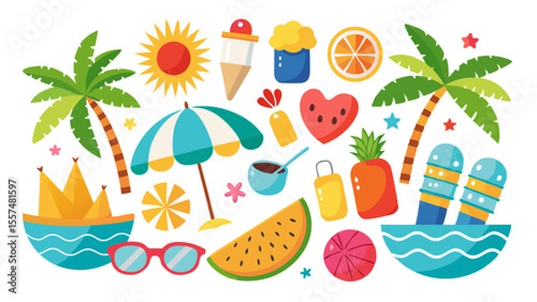 Fototapeta Isolated on white background, a cheerful collection of summer icons includes palm trees, beach umbrellas, and tropical fruits, ideal for vacationthemed designs