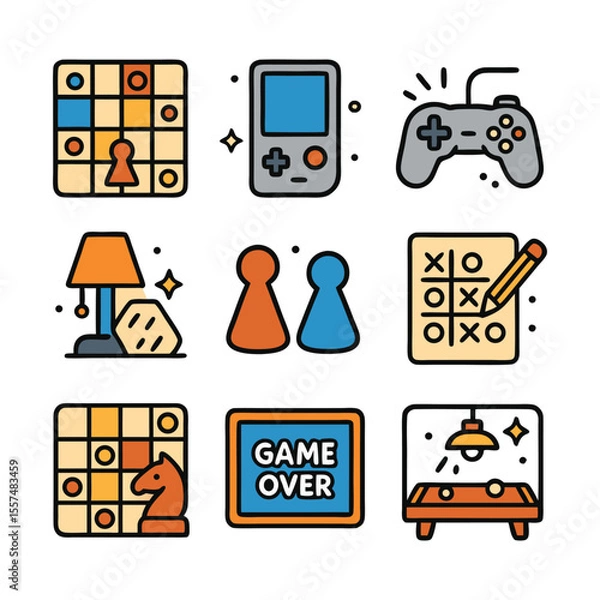 Fototapeta Nine colorful game icons including chess and tictactoe. Suitable for gaming websites, online apps, and educational materials for kids.