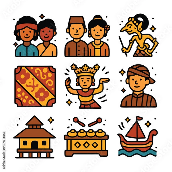 Fototapeta Javanese culture icons  people, clothing, instruments. Perfect for travel brochures, cultural presentations, educational materials, and websites related to Indonesia.