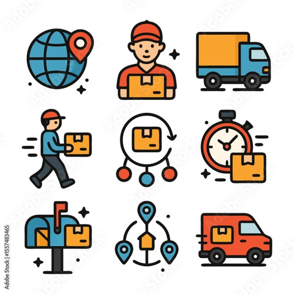 Fototapeta Nine colorful delivery service icons suitable for websites, apps, flyers, posters, and social media. Perfect for logistics and courier companies.