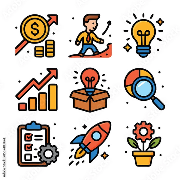 Fototapeta Nine business growth icons suitable for presentations, infographics, websites, and social media. Vector illustrations of business success and progress concepts.