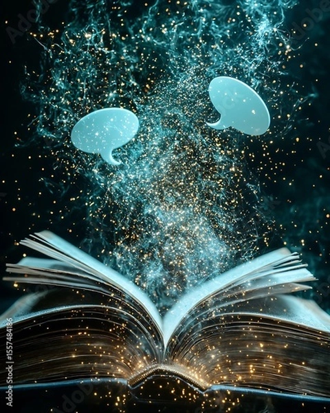 Fototapeta Animated speech bubbles floating a book Introduction to Dialogue Writing conceptual digital art vibrant text effects and book imagery digital art