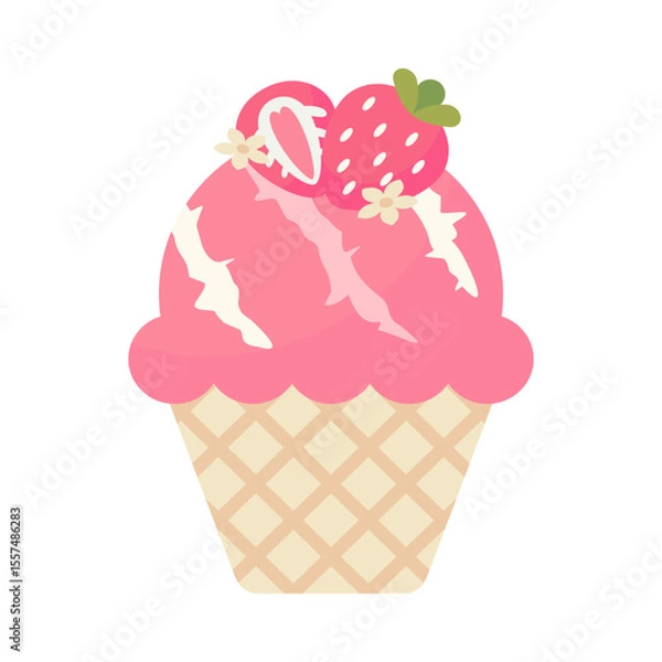 Obraz Strawberry flavored ice cream served in a cup-shaped cone  white background