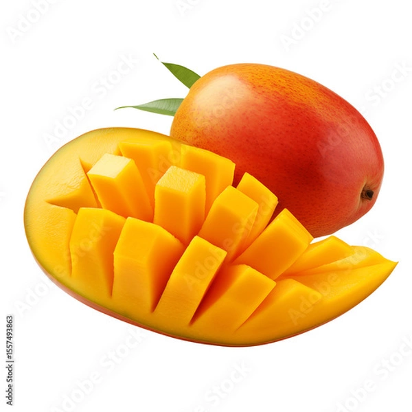 Fototapeta Sliced mango displays vibrant yellow cubes alongside a whole mango with leaves  png isolated on transparent background. 