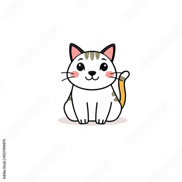 Fototapeta Vector art of a cute white cartoon cat with grey markings and an orange tail sits happily isolated on white background