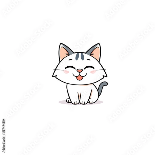 Fototapeta Vector art of a cheerful white cartoon cat with grey markings and a playful expression sits isolated on a white background
