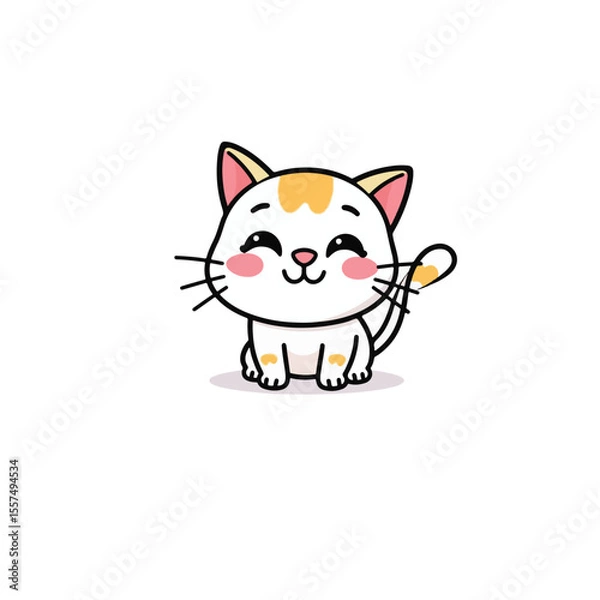 Fototapeta Vector art of a cute cartoon cat sits happily, isolated on white background